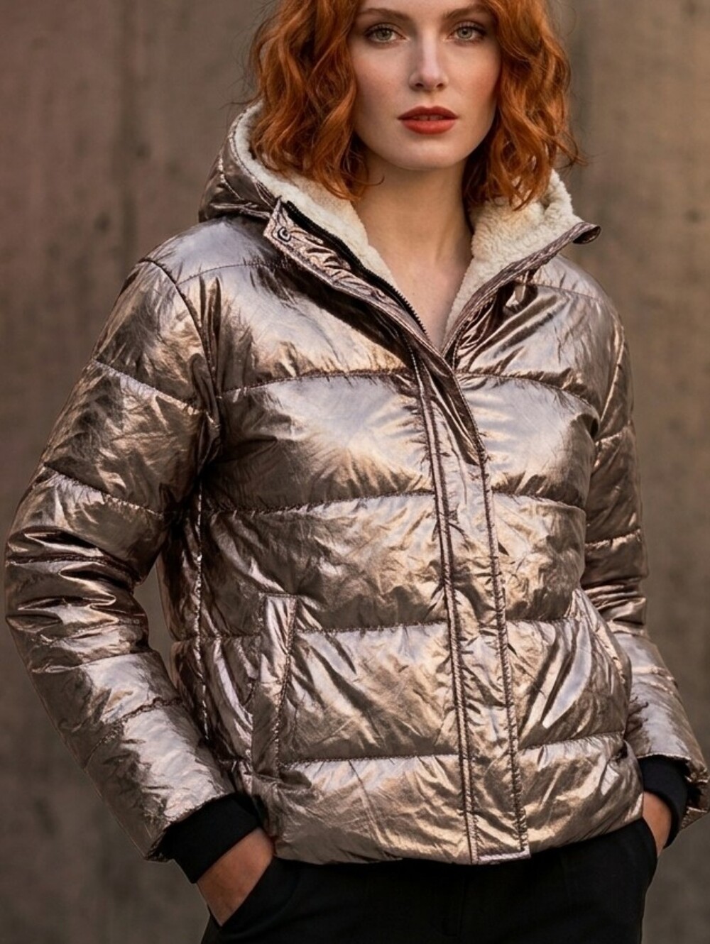 NWT Offline by Aerie Metallic Puffer Jacket XL Women Sherpa Lined Removable Hood